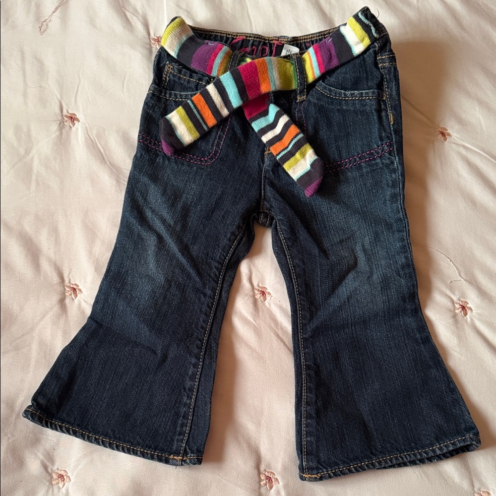 Baby Gap Dark Wash Flare Jeans with Striped Knit Belt